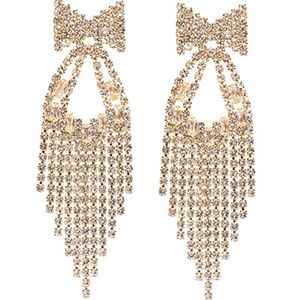 Rhinestone Bow Chandelier Tassel Earrings